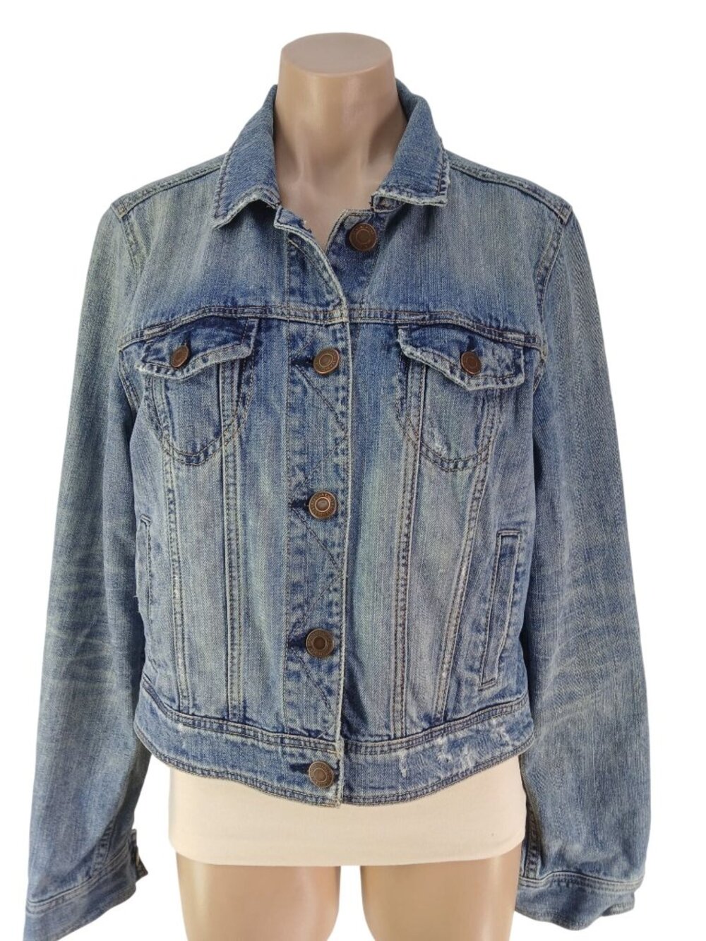 American Eagle Womens Blue Denim Jacket Size XL Button Front Pockets Factory Fad